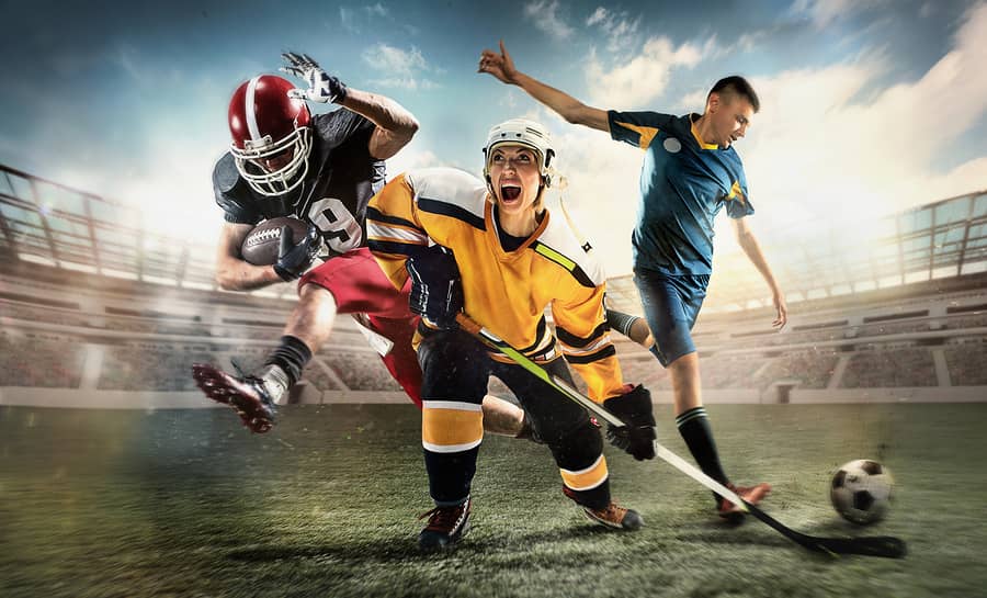 Athletes playing football, ice hockey and soccer in a stadium